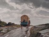 a painting of two people riding on a horse drawn carriage