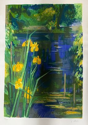 un tableau représentant des fleurs jaunes devant une maison bleue