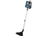 a blue and silver vacuum cleaner on a white background