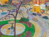 an image of a painting of a city street with a fountain