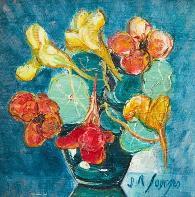 une peinture à l'huile représentant un vase rempli de fleurs posé sur une table