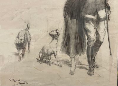dessin représentant un homme avec un chien et une femme avec un chien