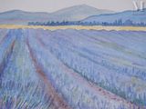 painting of a lavender field with mountains in the background