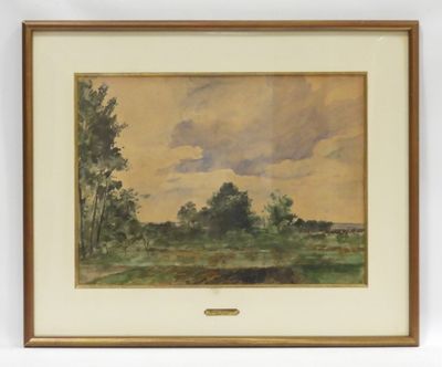 l'image d'un tableau représentant un paysage avec des arbres en arrière-plan