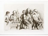 un vieux dessin représentant un groupe d'hommes debout autour d'une table