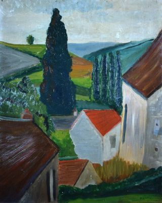 une peinture à l'huile représentant une vue d'un village avec une église au premier plan