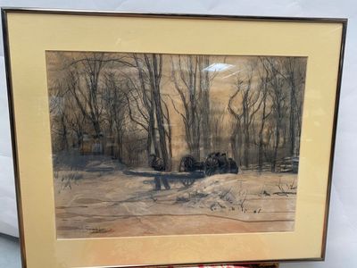 tableau représentant des chevaux tirant une calèche à travers une forêt enneigée