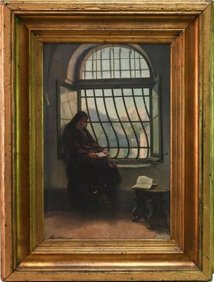 une peinture à l'huile représentant une femme assise devant une fenêtre