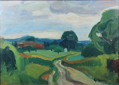 an oil painting of a dirt road in a green field