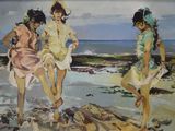 a painting of three women on the beach by the water