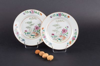 deux assiettes ornées de fleurs et d'oiseaux, posées sur une table