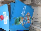 a blue trash can sitting on top of a blue cart