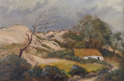 une peinture à l'huile représentant une maison sur une colline, avec un arbre au premier plan