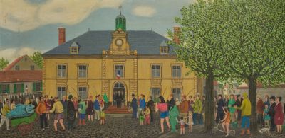 une peinture représentant un groupe de personnes devant un bâtiment