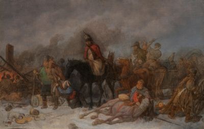 un tableau représentant un homme à cheval dans la neige