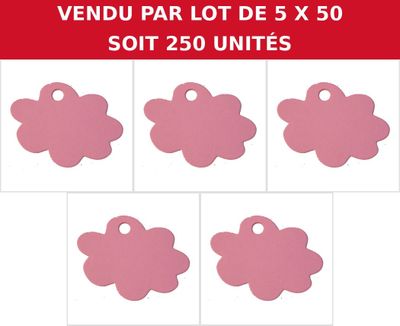 pack of 5 pink flower shaped tags for sale on a white background