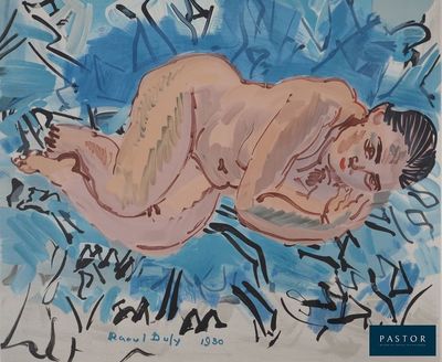 une image représentant un tableau d'une femme nue allongée sur une surface bleue