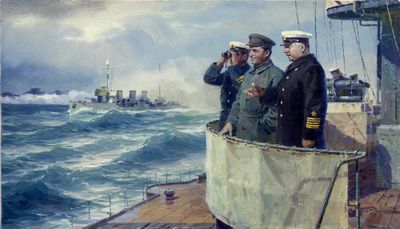 a painting of a group of men standing on a boat