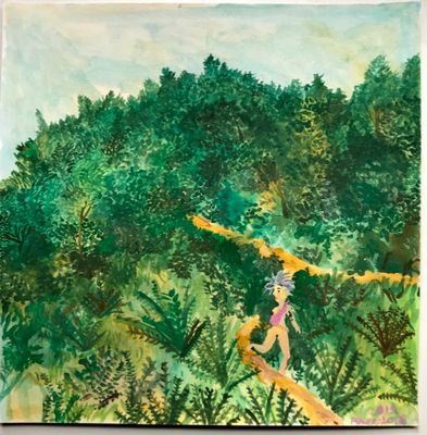 un tableau représentant une femme marchant sur un sentier dans les bois