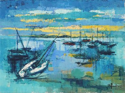 peinture représentant une peinture de bateaux sur un plan d'eau