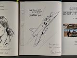 two pages of a book with a drawing of a woman and a plane
