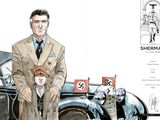 un dessin représentant un homme en costume assis sur une voiture