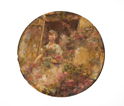 tableau représentant une femme regardant par la fenêtre, un panier de fleurs à la main