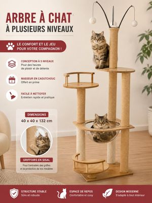 the cat is sitting on top of the cat tree in the living room