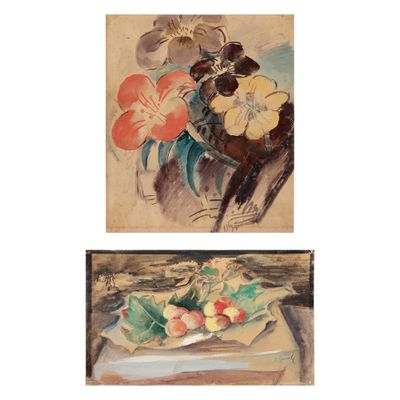 deux tableaux représentant des fleurs dans un vase et une assiette de fruits posée sur une table