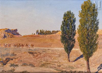 une peinture à l'huile représentant deux arbres dans un champ, avec une montagne en arrière-plan