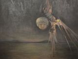 an oil painting of a person hanging upside down from a tree