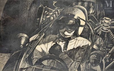 un dessin représentant un homme dans une voiture, portant un casque et des lunettes de protection