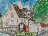 drawing of a house on a hill with a fence in front of it