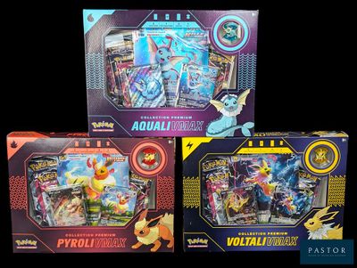 three different types of pokemon toys are displayed in a display case