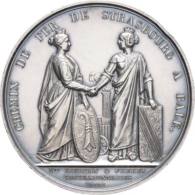 two people shaking hands on a silver coin with a white background