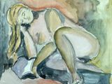 a watercolor painting of a nude woman sitting on a bed