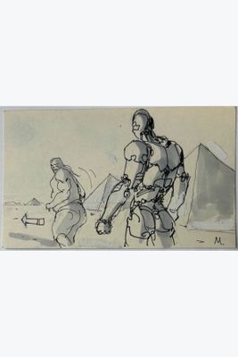 dessin représentant un homme et une femme marchant dans le désert