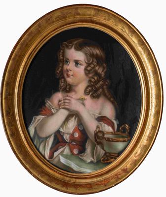 tableau représentant une jeune fille tenant un bol de fruits, dans un cadre doré