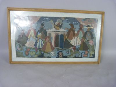 painting of a group of people in a room with a white wall