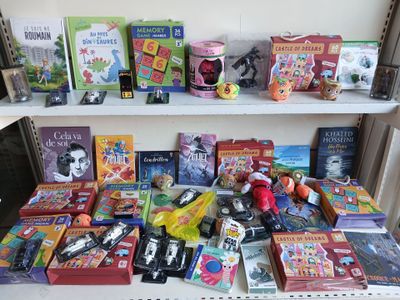 de nombreux livres et jouets sur une étagère dans une pièce