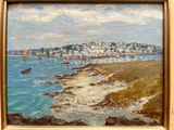 a painting of a view of a beach with boats in the water