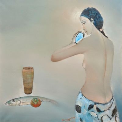tableau représentant une femme buvant dans un verre, à côté d'un poisson et d'un vase