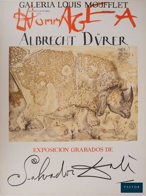 une photo d'une affiche dédicacée représentant un rhinocéros dans le désert