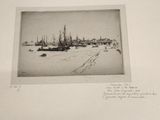 a black and white photo of a harbor with boats
