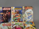 a lot of comic books sitting on a table