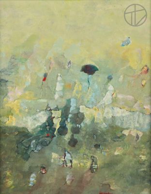 painting of a group of people with umbrellas in a field