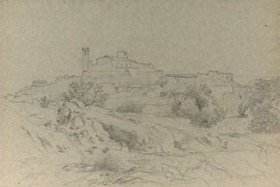 drawing of a landscape with a building and trees in the foreground