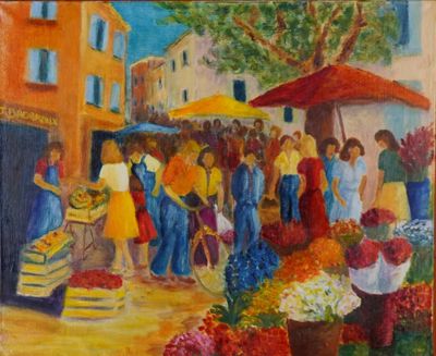 tableau représentant un groupe de personnes faisant leurs courses dans un marché en plein air