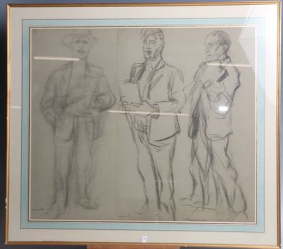 dessin encadré représentant trois hommes debout devant un miroir