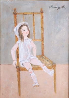 a painting of a little girl sitting on a chair